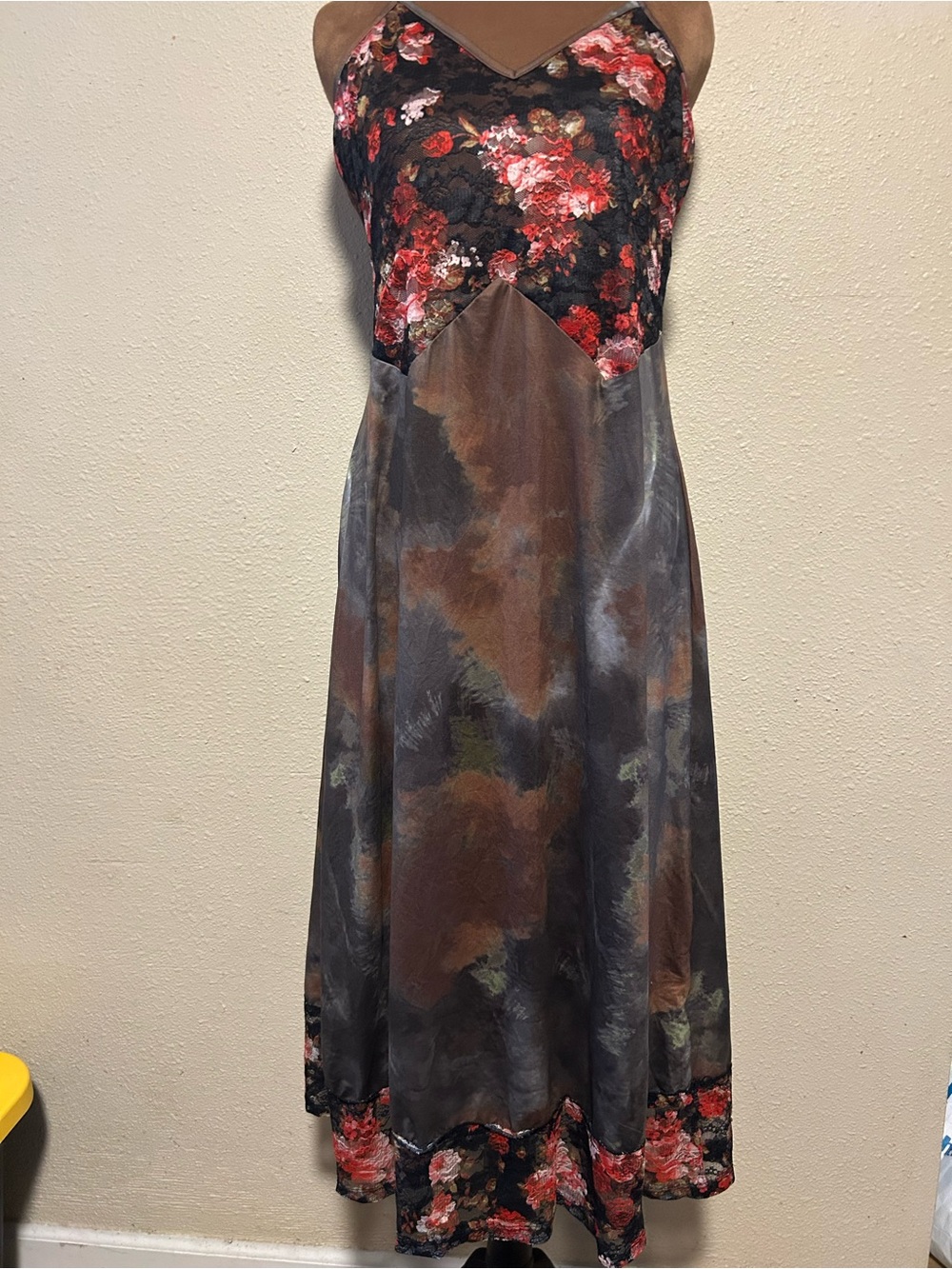 Forever 21 Red Floral & Brown Maxi Slip Dress